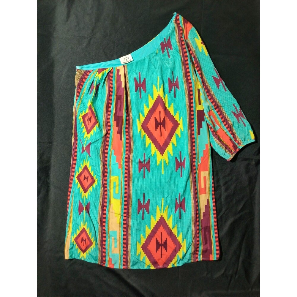 Cocolove Turquoise Aztec Print One-Shoulder Tunic Top Size Small